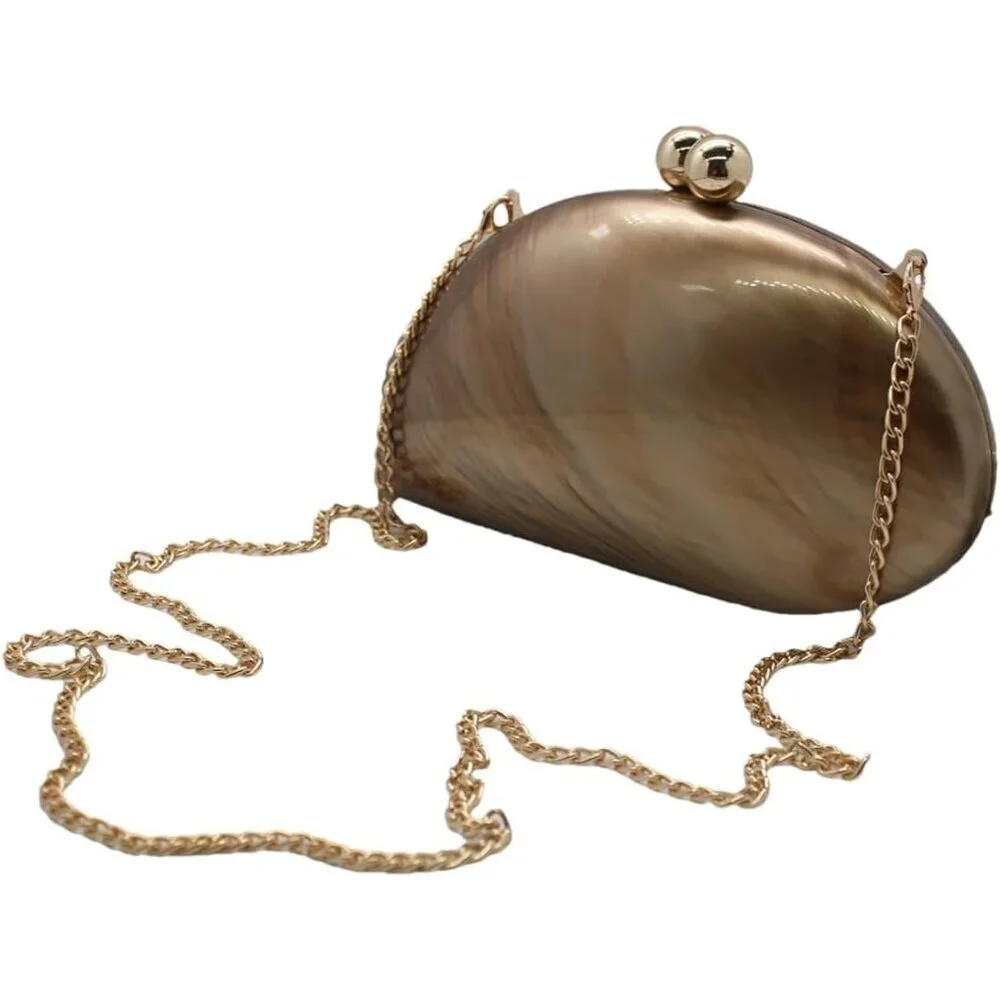 Women's Gold Acrylic Evening Clutch Glitter Marble Seashell Chain Shoulder Bag - Picture 5 of 6